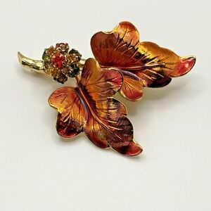 Vintage Weiss Enamel Brooch Leaves Rhinestone Orange Fall Retro